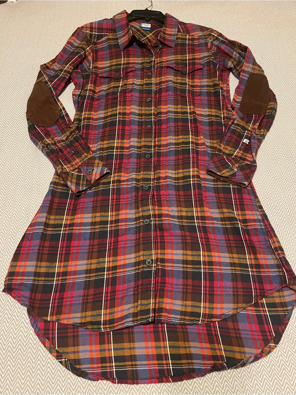 Kavu Vibrant Plaid Button-Front Flannel Shirt Dress with Corduroy Elbow Patches.